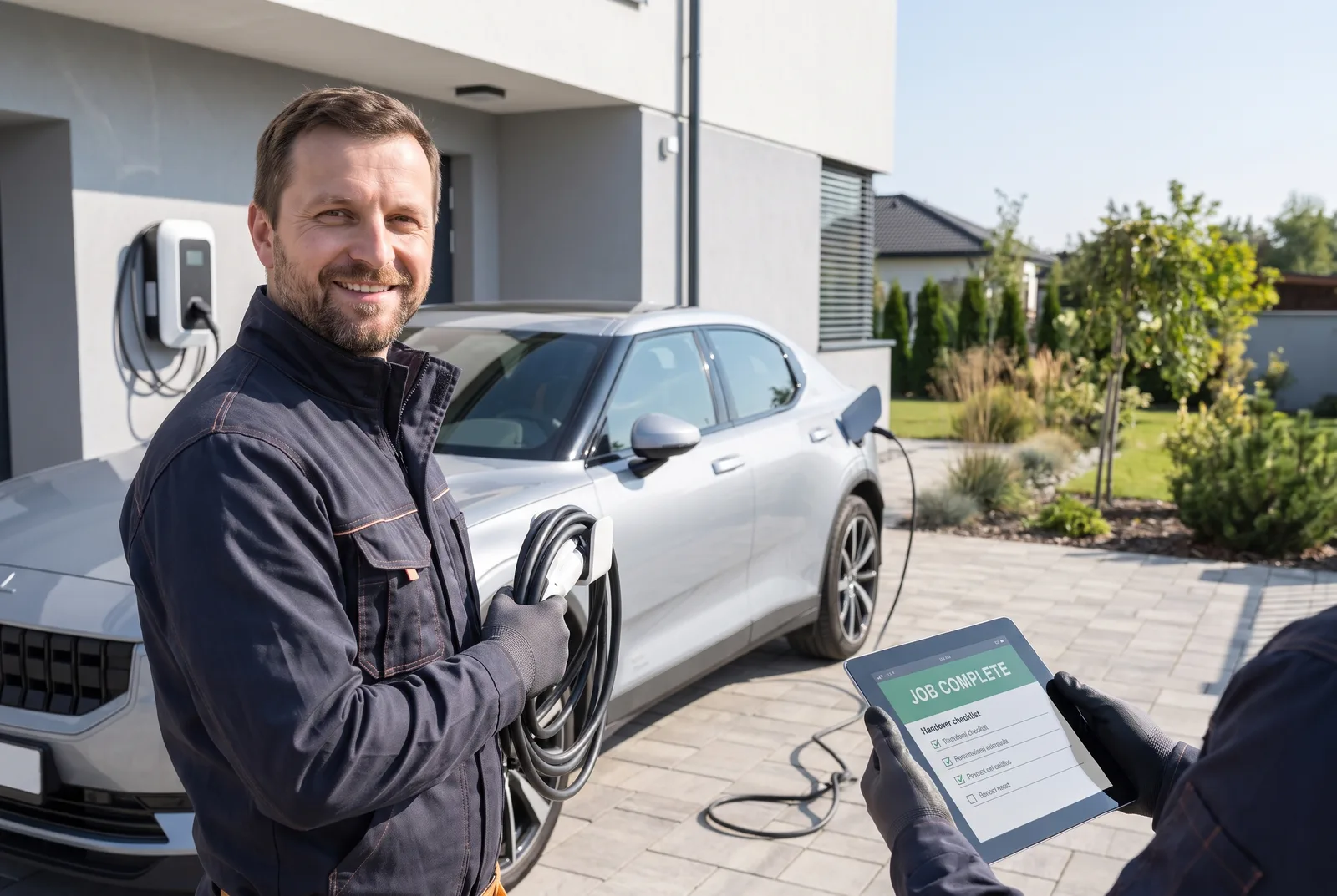Jan Novák předává hotovou instalaci wallboxu u rodinného domu